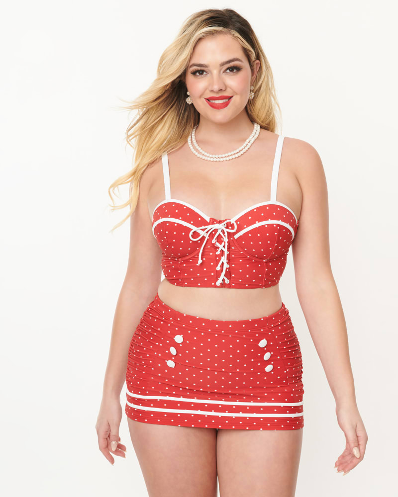 Front of a model wearing a size L Unique Vintage Red Pin Dot Lace Up Swim Top in Red Pin Dot by Unique Vintage. | dia_product_style_image_id:331981